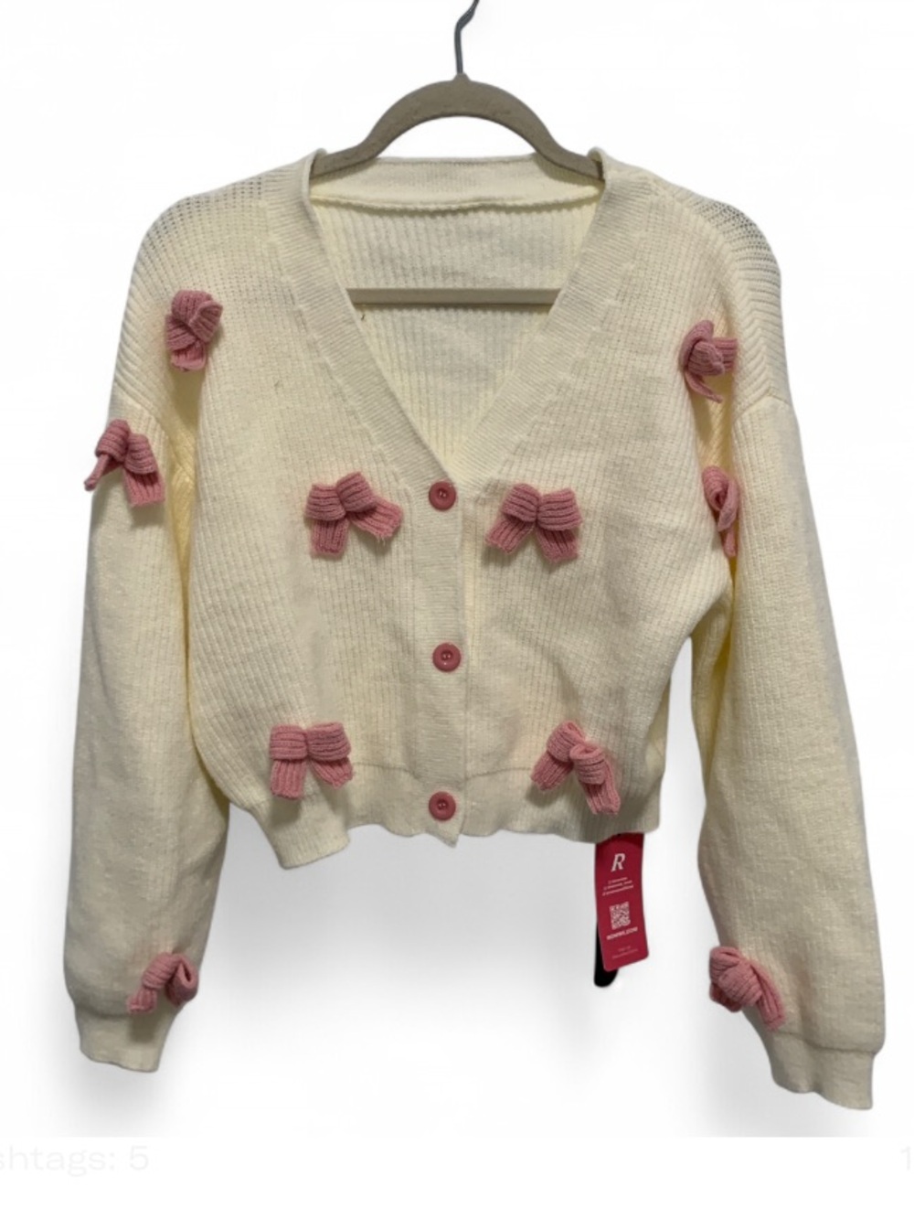 NWT ROMWE Cream V‑Neck Cardigan with Pink Bow Details